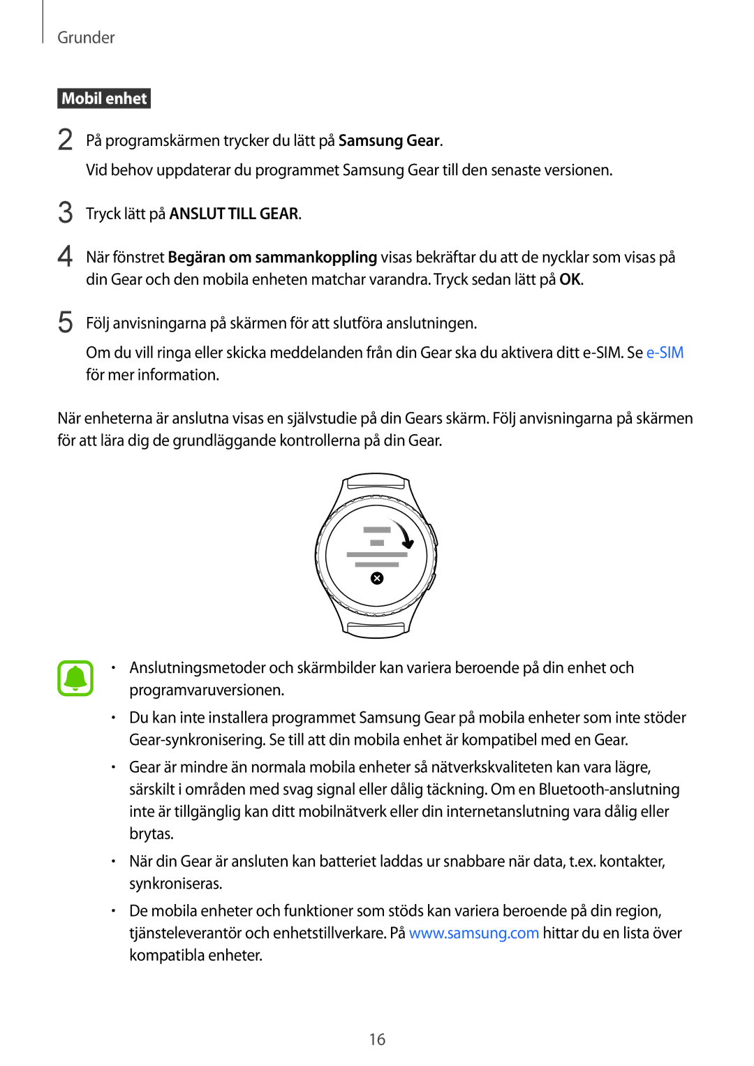 Samsung SM-R7350ZKONEE manual  Mobil enhet , Tryck lätt på Anslut Till Gear 